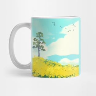 Lone tree on yellow flower field Mug